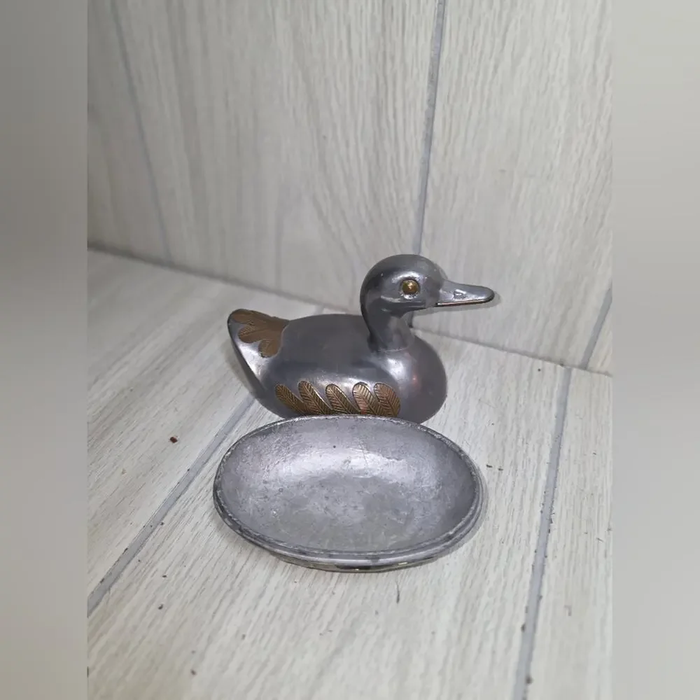 Vtg 1960s Pewter & Brass Duck Trinket Dish Bird Figurine Silver & Gold Jewlery
